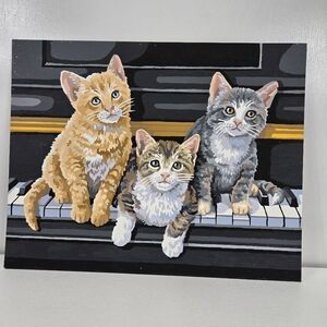 Vtg Musical Trio‎ Finished Acrylic Paint By Number Cats On Piano 14x11 No Border